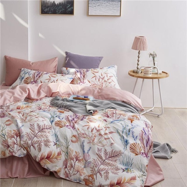Chinoiserie style Birds Leaves printed Egyptian cotton Soft Duvet Cover Bed sheet Fitted sheet set King Queen Size Bedding Set