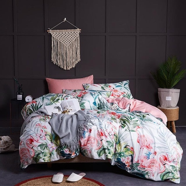 Chinoiserie style Birds Leaves printed Egyptian cotton Soft Duvet Cover Bed sheet Fitted sheet set King Queen Size Bedding Set