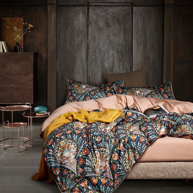 Chinoiserie style Birds Leaves printed Egyptian cotton Soft Duvet Cover Bed sheet Fitted sheet set King Queen Size Bedding Set