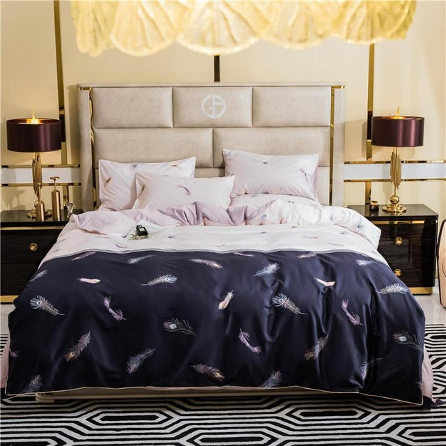 Chinoiserie style Birds Leaves printed Egyptian cotton Soft Duvet Cover Bed sheet Fitted sheet set King Queen Size Bedding Set