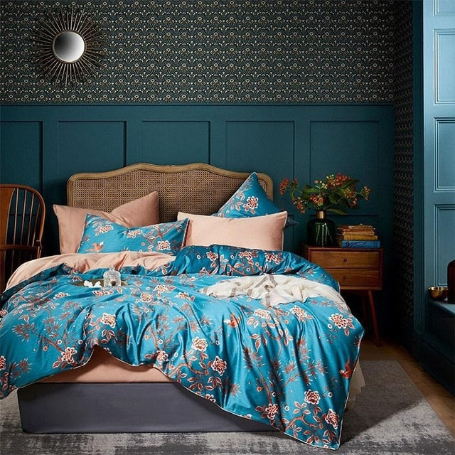 Chinoiserie style Birds Leaves printed Egyptian cotton Soft Duvet Cover Bed sheet Fitted sheet set King Queen Size Bedding Set