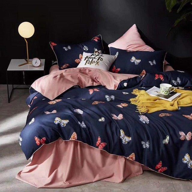 Chinoiserie style Birds Leaves printed Egyptian cotton Soft Duvet Cover Bed sheet Fitted sheet set King Queen Size Bedding Set