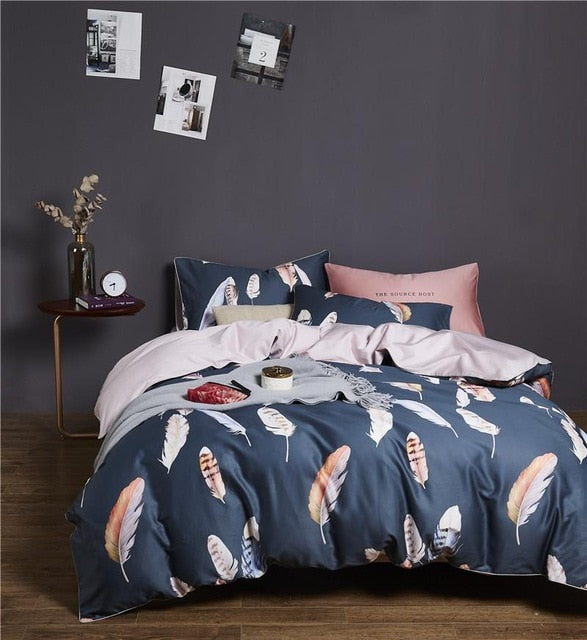 Chinoiserie style Birds Leaves printed Egyptian cotton Soft Duvet Cover Bed sheet Fitted sheet set King Queen Size Bedding Set