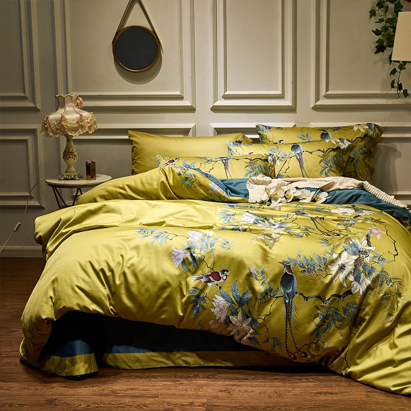 Yellow Silky Egyptian cotton Chinoiserie style Birds Plant Duvet Cover Bed sheet Fitted sheet set King Queen Size Bedding Set