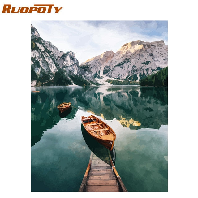 RUOPOTY Frame Mountain Lake DIY Painting By Numbers Landscape Handpainted Oil Painting Modern Home Wall Art Canvas Painting Art