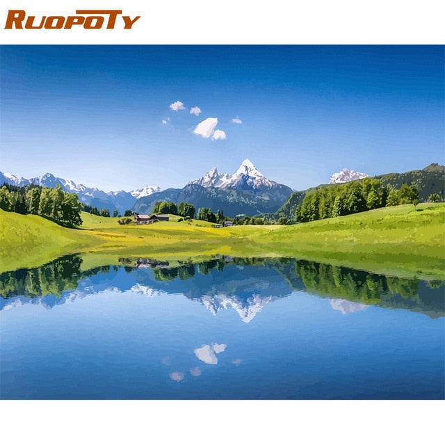 RUOPOTY Frame Mountain Lake DIY Painting By Numbers Landscape Handpainted Oil Painting Modern Home Wall Art Canvas Painting Art