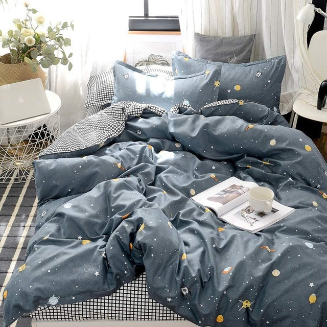 Yellow Floral Bedding Set  Luxury Flowers Duvet Cover Set Lucky Clovers and Plaid Reversible Bed Linen Luxury Home Textile