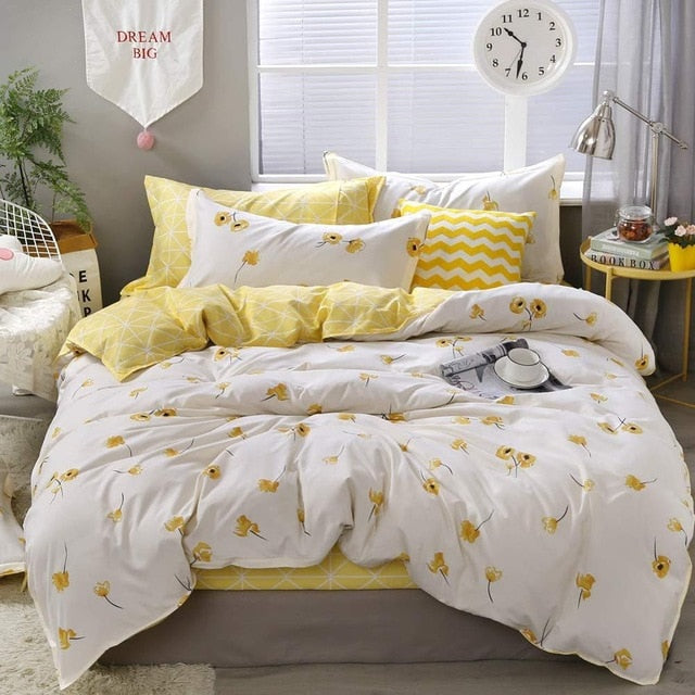 Yellow Floral Bedding Set  Luxury Flowers Duvet Cover Set Lucky Clovers and Plaid Reversible Bed Linen Luxury Home Textile