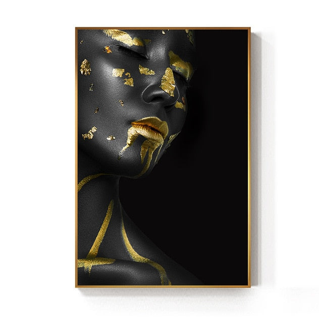 Beautiful Golden Black Lady Golden Canvas Painting Fashion Poster Print For Living Room HD Wall Art Ins Home Cuadros Decoracion