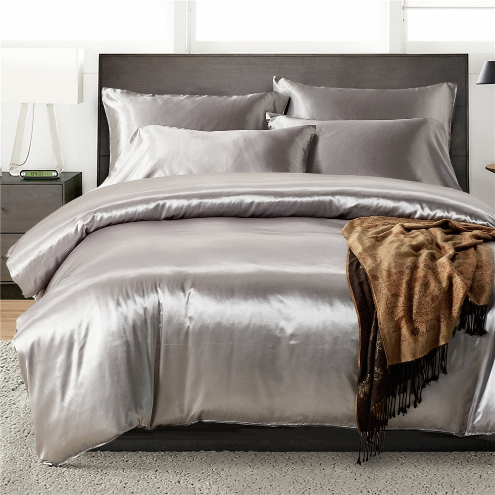 2pcs/3Pcs/4pcs Nordic Style Silk Bedding Set Queen Size Satin Grey Duvet Cover