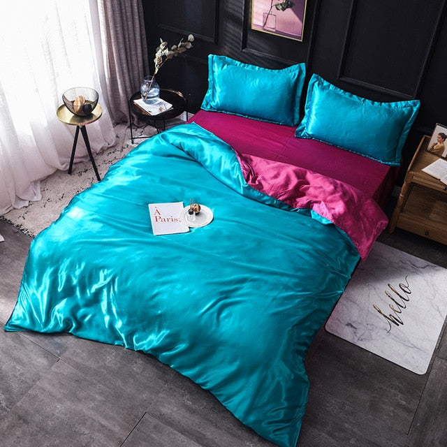 Luxury 100% Silk Bedding Set King Queen Twin 3/4/5pcs Bed Linen Solid Color