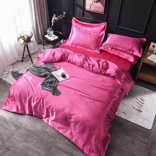 Luxury 100% Silk Bedding Set King Queen Twin 3/4/5pcs Bed Linen Solid Color